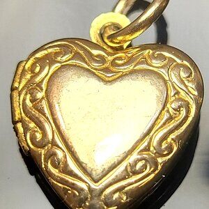 1950s Gold Tone Heart Locket - 12mm Petite Etched Scroll Pendant